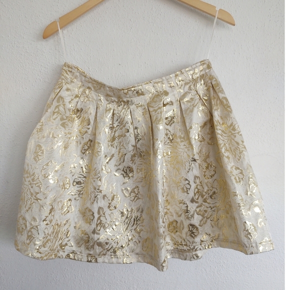 Fond Gold Floral Metallic Brocade Full Mini Skirt Pleats Pockets Lined Size Med - Picture 2 of 16